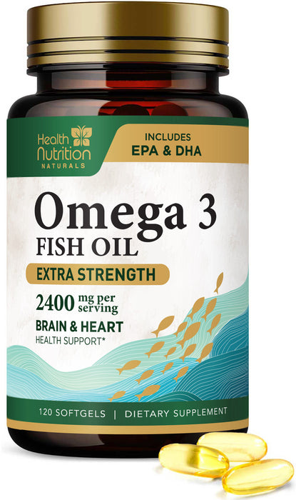 Omega 3 Fish Oil - Triple Strength EPA & DHA Fatty Acids - Natural Support for Brain & Heart Health, Fish Oil Joint Support Supplement - Non-GMO, Burpless Lemon Flavor Health Nutrition