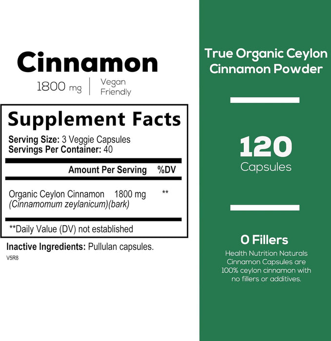 Organic Cinnamon Capsules 1800mg - Pure Ceylon Cinnamon Supplement, Certified Organic, Non-GMO, Gluten Free, Vegan, True Cinnamon Powder, Antioxidant Cinnamon Pills Supplement