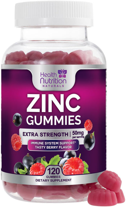 Zinc Supplement 50mg Gummies for Adults - Max Strength Skin Health & Immune Support Gummy, Vegan, Non-GMO & Gluten Free, Nature's Antioxidant & Bone Health Chewable Tasty Berry Flavor - 120 Gummies