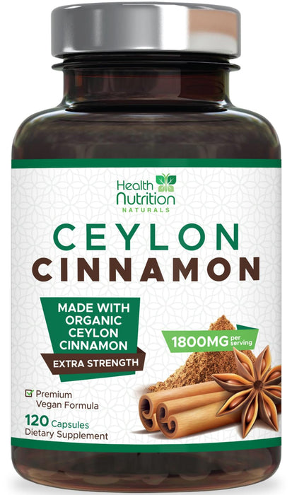 Organic Cinnamon Capsules 1800mg - Pure Ceylon Cinnamon Supplement, Certified Organic, Non-GMO, Gluten Free, Vegan, True Cinnamon Powder, Antioxidant Cinnamon Pills Supplement