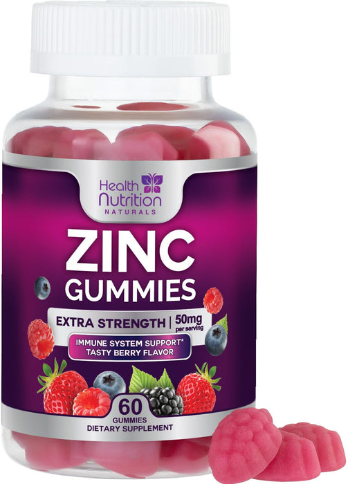 Zinc Supplement 50mg Gummies for Adults - Max Strength Skin Health & Immune Support Gummy, Vegan, Non-GMO & Gluten Free, Nature's Antioxidant & Bone Health Chewable Tasty Berry Flavor - 60 Gummies