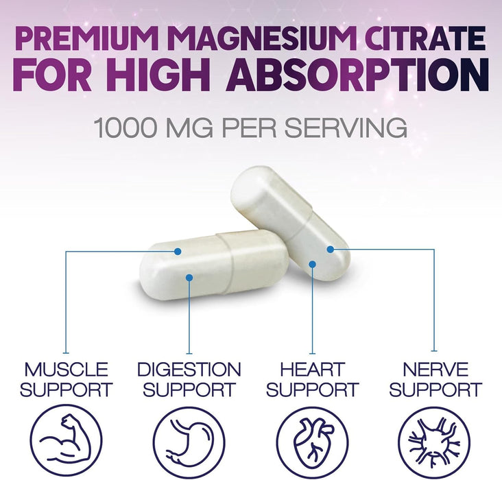 Magnesium Citrate Capsules 1000mg - Max Absorption Magnesium Powder for Muscle, Nerve, Bone and Heart Health Support, High Absorption Citrate Complex, Gluten Free, Non-GMO - 180 Capsules