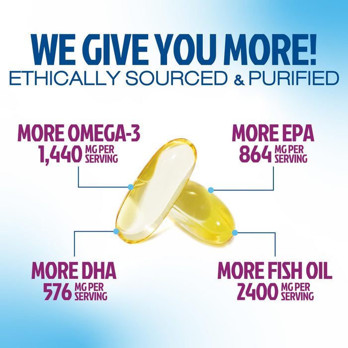 Omega 3 Fish Oil 2400 mg - Triple Strength Omega3, EPA & DHA Fatty Acids Supplement - Natural Support for Immune, Heart & Brain Health - Wild Caught, Non-GMO, Lemon Flavor, Burpless - 180 Softgels