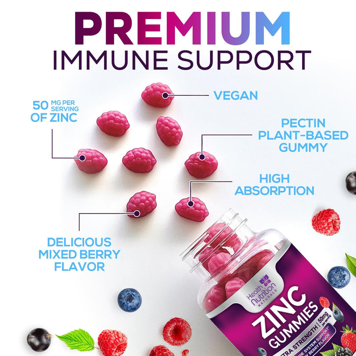 Zinc Supplement 50mg Gummies for Adults - Max Strength Skin Health & Immune Support Gummy, Vegan, Non-GMO & Gluten Free, Nature's Antioxidant & Bone Health Chewable Tasty Berry Flavor - 120 Gummies