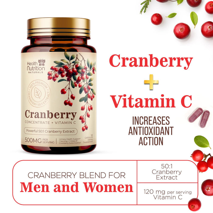 Cranberry Supplement Pills 25,000mg - High Potency Vitamin C Cranberry for Women & Men, Urinary Tract Health Support, Sugar Free, Gluten Free, Non-GMO, Cranberry Concentrate Extract - 120 Capsules