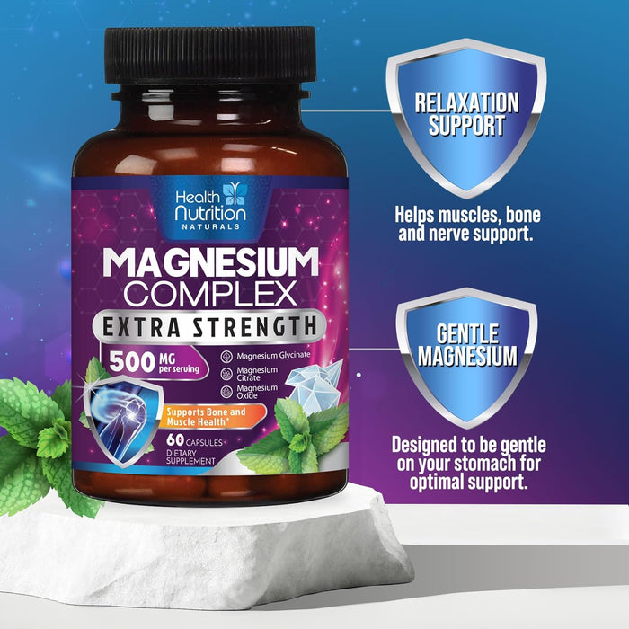 Magnesium Complex 500mg - Magnesium Supplement with Glycinate, Oxide, Malate, Citrate - High Absorption Chelated Magnesium Capsules for Muscle, Heart, Bone, Nerve Support, Non-GMO