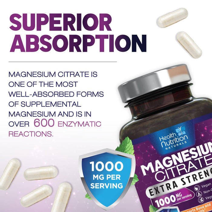 Magnesium Citrate Capsules 1000mg - Max Absorption Magnesium Powder for Muscle, Nerve, Bone and Heart Health Support, High Absorption Citrate Complex, Gluten Free, Non-GMO - 120 Capsules