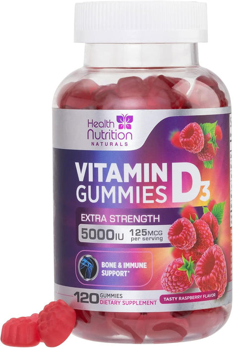 Vitamin D3 Gummies 5,000 IU - Highly Concentrated Vitamin D Gummy to Support Bone Health and Natural Immune Support - Delicious Non-GMO Raspberry Gummy for Children, Adults, and Seniors