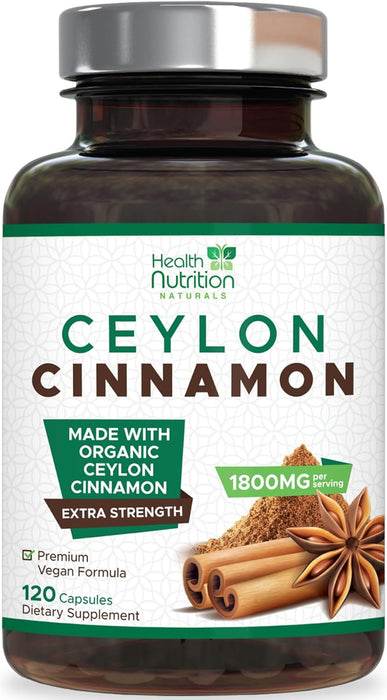 Organic Cinnamon Capsules 1800mg - Pure Ceylon Cinnamon Supplement, Certified Organic, Non-GMO, Gluten Free, Vegan, True Cinnamon Powder, Antioxidant Cinnamon Pills Supplement