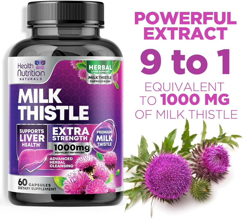 Milk Thistle Supplement - Liver Cleanse Detox & Repair Formula 1000mg - Potent 9:1 Extract Herbal Liver Supplement, Nature's Milk Thistle, Dandelion Root Extract & Silymarin Marianum