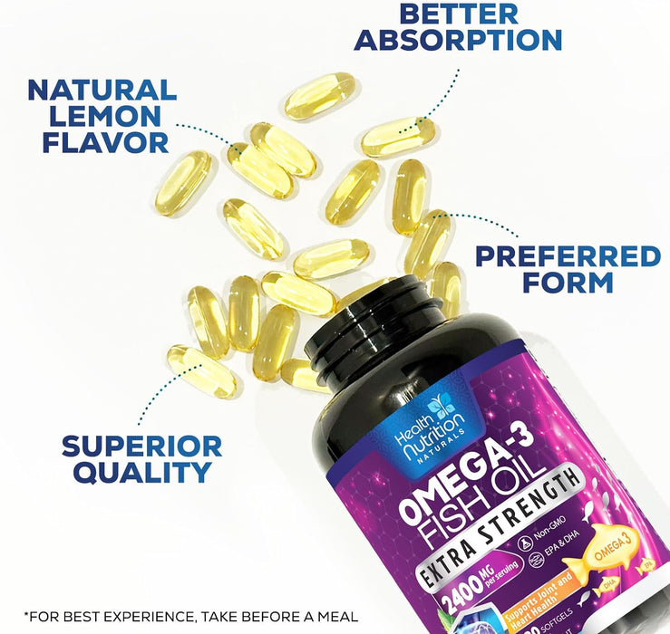 Fish Oil 2400 mg with Omega 3 EPA & DHA - Triple Strength Omega 3 Supplement - Omega 3 Fish Oil Supports Heart Health Natural's Brain & Immune Support - Non-GMO Fish Oil Supplements