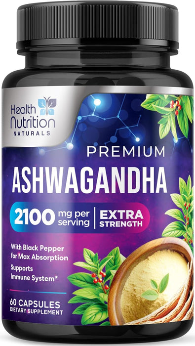 Ashwagandha 2,100 mg Extra Strength with Black Pepper, Pure Ashwagandha Powder plus Root Extract Adaptogen Formula for Energy and Immune Support, Non GMO, Vegan