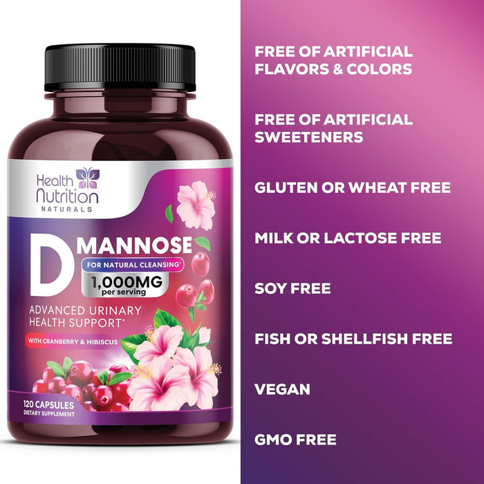 D-Mannose 1350mg - Extra Strength, Fast-Acting Natural Urinary Tract Health Support - Includes Cranberry Extract, Dandelion, Hibiscus - Non-GMO, Bottled in USA, Vegan for Men & Women