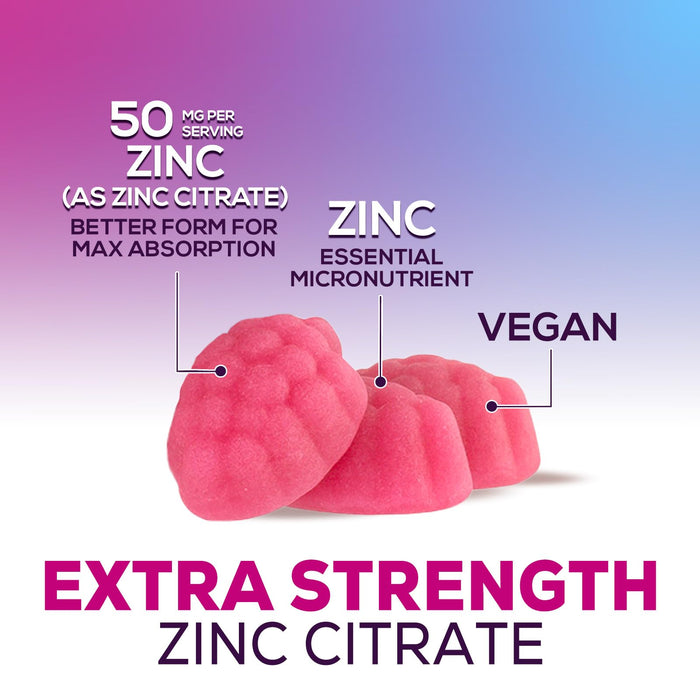 Zinc Supplement 50mg Gummies for Adults - Max Strength Skin Health & Immune Support Gummy, Vegan, Non-GMO & Gluten Free, Nature's Antioxidant & Bone Health Chewable Tasty Berry Flavor - 120 Gummies