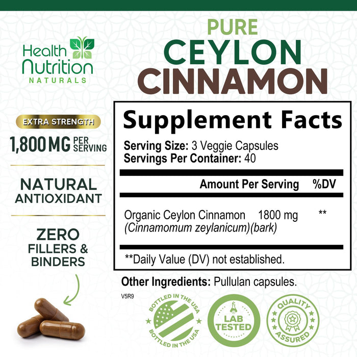 Ceylon Cinnamon Capsules 1800mg - Certified Organic Ceylon Cinnamon Powder Supplement, Bottled in USA, Extra Strength Energy & Heart Support Pills, Non-GMO & Gluten Free, Sugar Free - 120 Capsules