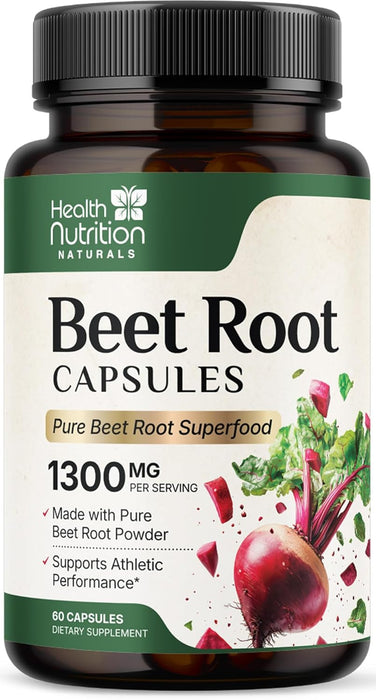 Beet Root Capsules 1300mg - Organic Extra Strength Red Beetroot Powder Supplement – Supports Nitric Oxide Production, Heart Health & Athletic Performance, Pure Beetroot Superfood – 60 Vegan Capsules