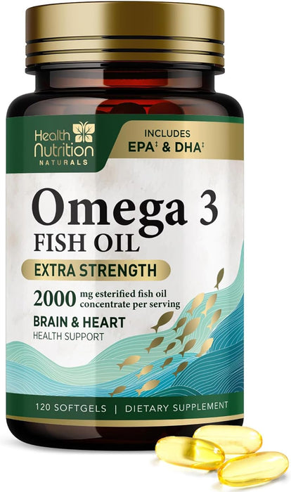 Omega 3 Fish Oil - Triple Strength EPA & DHA Fatty Acids - Natural Support for Brain & Heart Health, Fish Oil Joint Support Supplement - Non-GMO, Burpless Lemon Flavor Health Nutrition