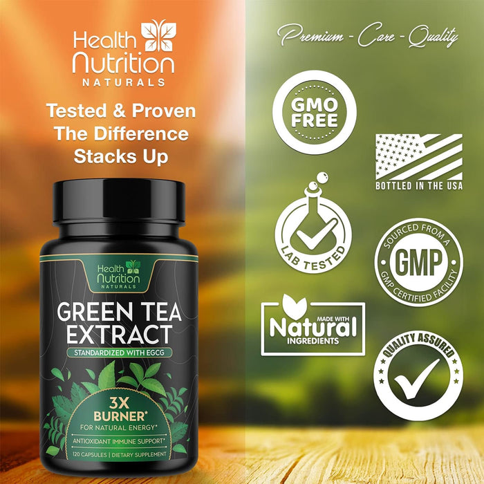 Green Tea Extract 98% Standardized EGCG 1300mg for Natural Energy, Supports Heart Health with Antioxidants, Polyphenols, Gentle Caffeine, Bottled in USA