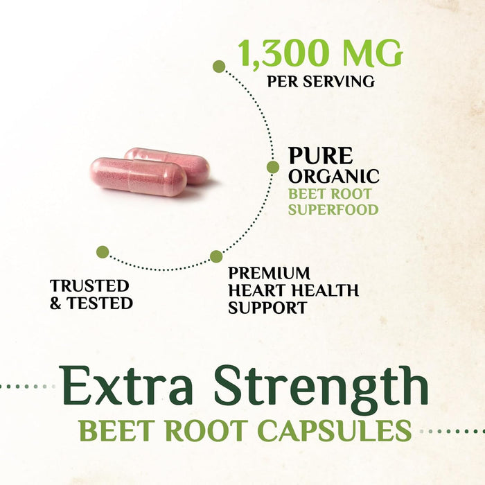 Beet Root Capsules 1300mg - Organic Extra Strength Red Beetroot Powder Supplement – Supports Nitric Oxide Production, Heart Health & Athletic Performance, Pure Beetroot Superfood – 120 Vegan Capsules