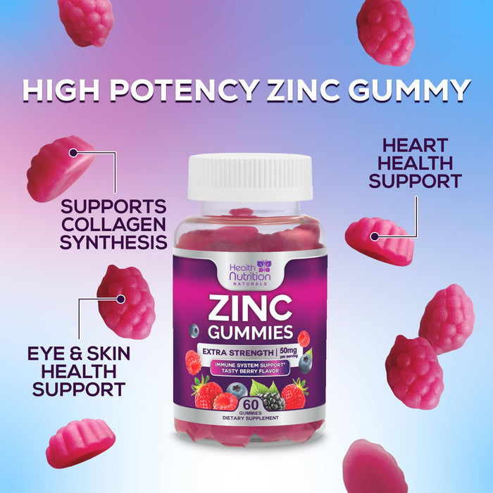 Zinc Supplement 50mg Gummies for Adults - Max Strength Skin Health & Immune Support Gummy, Vegan, Non-GMO & Gluten Free, Nature's Antioxidant & Bone Health Chewable Tasty Berry Flavor - 60 Gummies