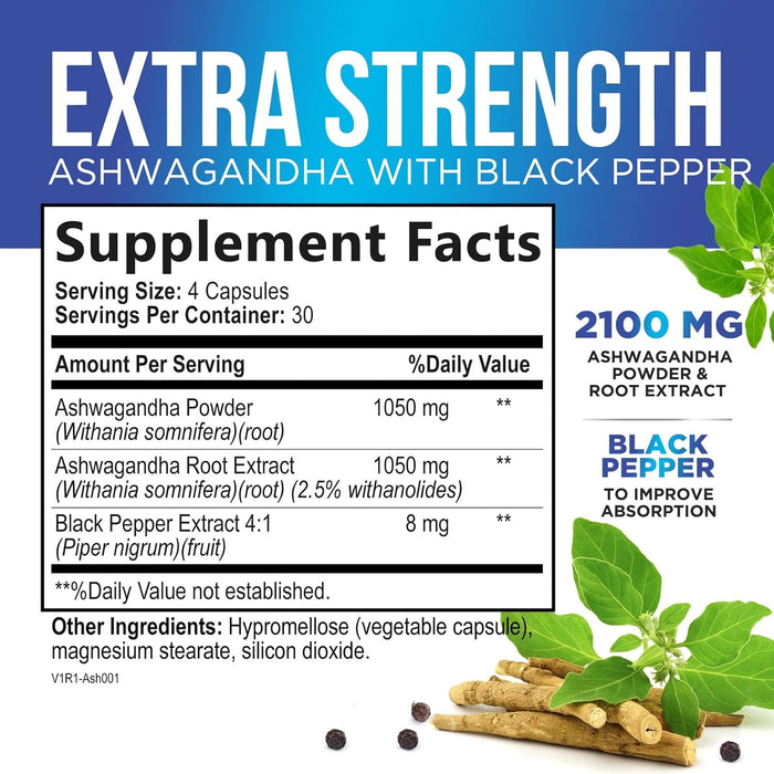 Ashwagandha 2,100 mg Extra Strength with Black Pepper, Pure Ashwagandha Powder plus Root Extract Adaptogen Formula for Energy and Immune Support, Non GMO, Vegan