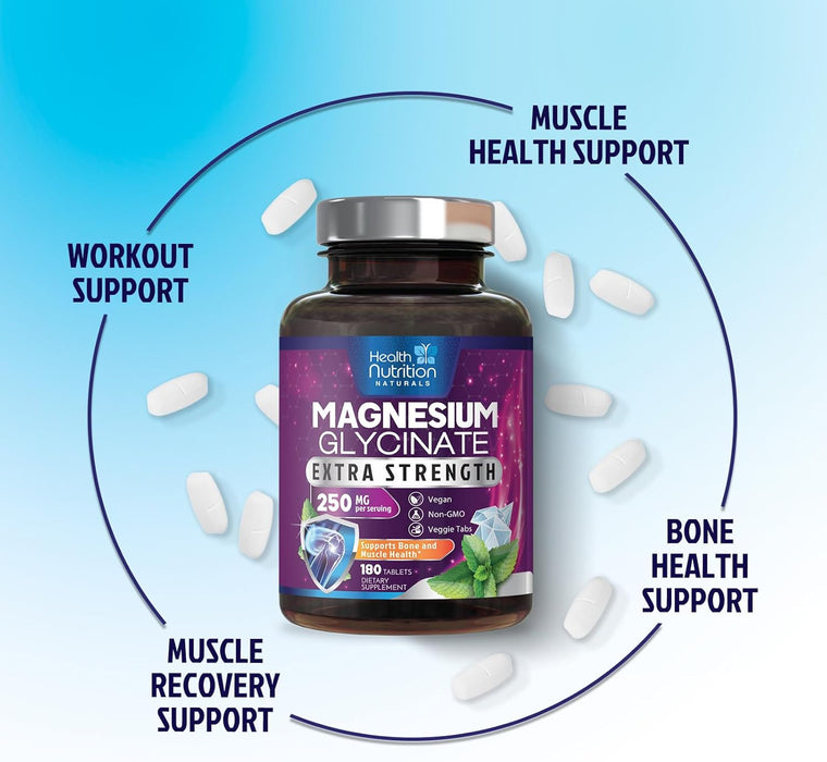 Magnesium Glycinate 250mg - 100% Chelated Magnesium for Max Absorption - Sleep Support, Muscle, Nerves, Bone & Heart Health Support, Best Mag Supplement, Vegan Non-GMO, 3rd Party Tested - 180 Tablets