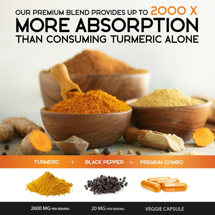 Turmeric Curcumin with BioPerine Black Pepper Extract 2600mg - High Absorption Ultra Potent Tumeric Herbal Supplement with 95% Curcuminoids, Nature's Turmeric for Joint Support, Non-GMO