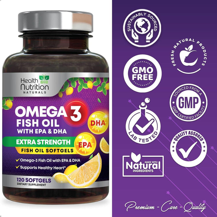Fish Oil 2400 mg with Omega 3 EPA & DHA - Triple Strength Omega 3 Supplement - Omega 3 Fish Oil Supports Heart Health Natural's Brain & Immune Support - Non-GMO Fish Oil Supplements