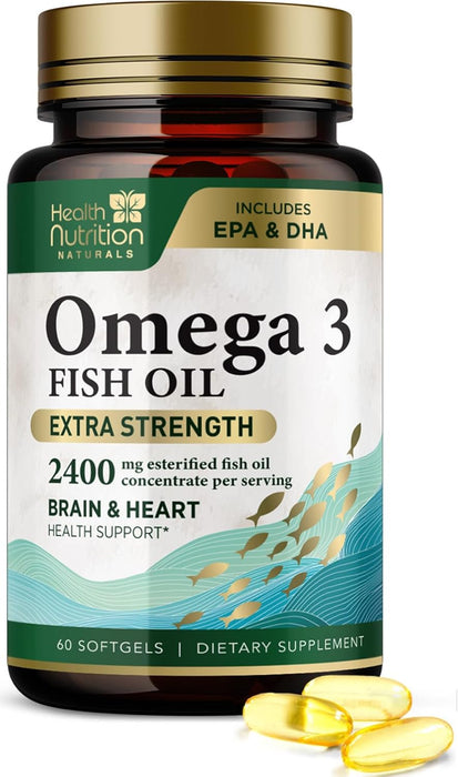 Omega 3 Fish Oil - Triple Strength EPA & DHA Fatty Acids - Natural Support for Brain & Heart Health, Fish Oil Joint Support Supplement - Non-GMO, Burpless Lemon Flavor Health Nutrition