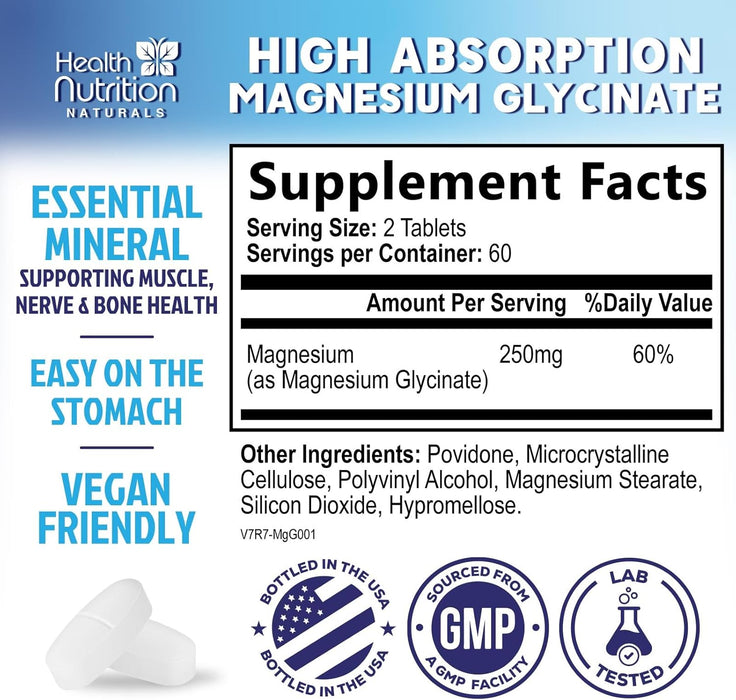 Magnesium Glycinate 250mg - 100% Chelated Magnesium for Max Absorption - Sleep Support, Muscle, Nerves, Bone & Heart Health Support, Best Mag Supplement, Vegan Non-GMO, 3rd Party Tested - 120 Tablets