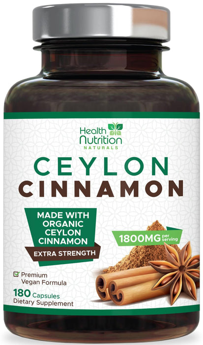 Organic Cinnamon Capsules 1800mg - Pure Ceylon Cinnamon Supplement, Certified Organic, Non-GMO, Gluten Free, Vegan, True Cinnamon Powder, Antioxidant Cinnamon Pills Supplement