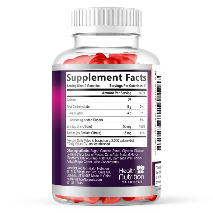 Zinc Supplement 50mg Gummies for Adults - Max Strength Skin Health & Immune Support Gummy, Vegan, Non-GMO & Gluten Free, Nature's Antioxidant & Bone Health Chewable Tasty Berry Flavor - 60 Gummies