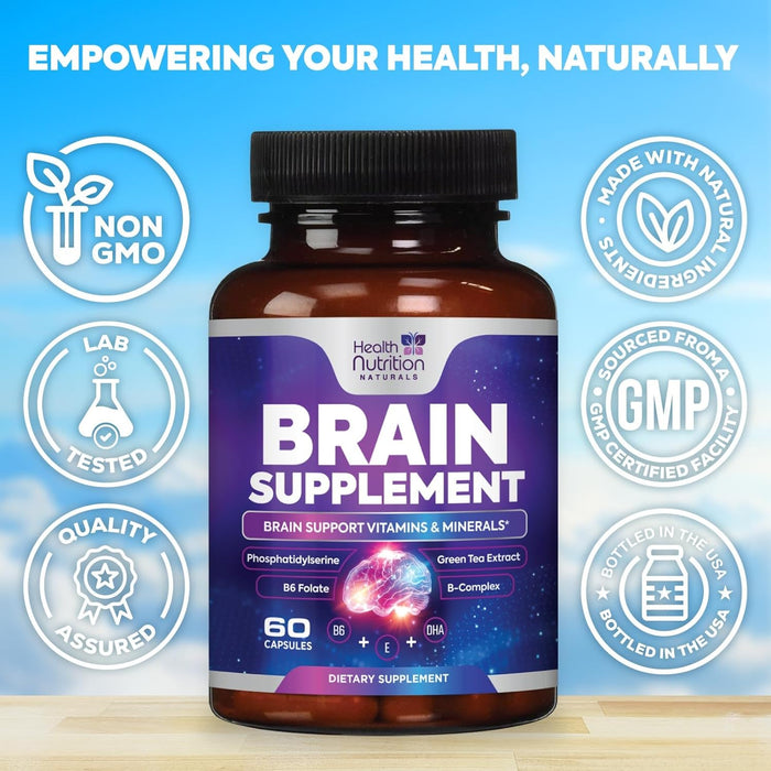 Nootropics Brain Supplement for Memory, Focus & Concentration - Nootropic Booster for Energy & Mind Clarity with Bacopa Monnieri DMAE & Phosphatidylserine for Men & Women