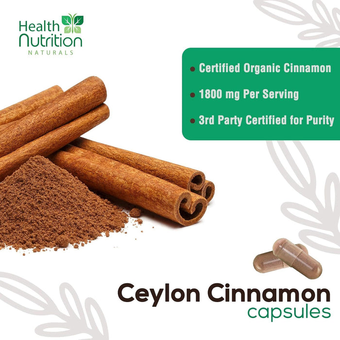 Organic Cinnamon Capsules 1800mg - Pure Ceylon Cinnamon Supplement, Certified Organic, Non-GMO, Gluten Free, Vegan, True Cinnamon Powder, Antioxidant Cinnamon Pills Supplement