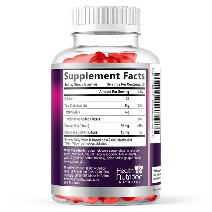 Zinc Supplement 50mg Gummies for Adults - Max Strength Skin Health & Immune Support Gummy, Vegan, Non-GMO & Gluten Free, Nature's Antioxidant & Bone Health Chewable Tasty Berry Flavor - 120 Gummies