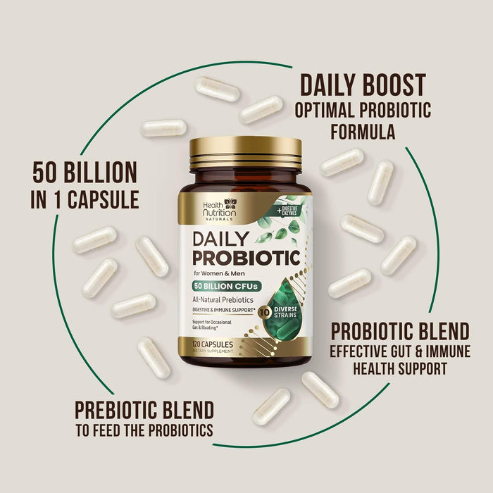Probiotics 50 Billion CFU + 10 Strains - Daily Probiotic Lactobacillus Blend for Immune, Digestive & Gut Health Support, Prebiotics and Probiotics, Gas & Bloating for Women & Men - 120 Capsules