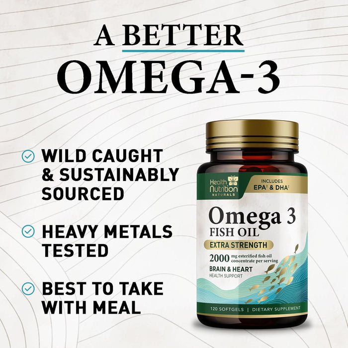 Omega 3 Fish Oil - Triple Strength EPA & DHA Fatty Acids - Natural Support for Brain & Heart Health, Fish Oil Joint Support Supplement - Non-GMO, Burpless Lemon Flavor Health Nutrition