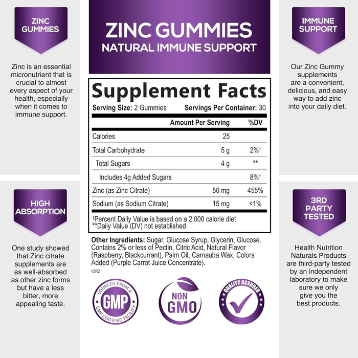 Zinc Gummies for Adults 50mg Extra Strength Immune Support Supplement - Great Tasting Natural Flavored Gummy Supplement - Best Vegan Zinc Vitamin for Men, Women, and Children