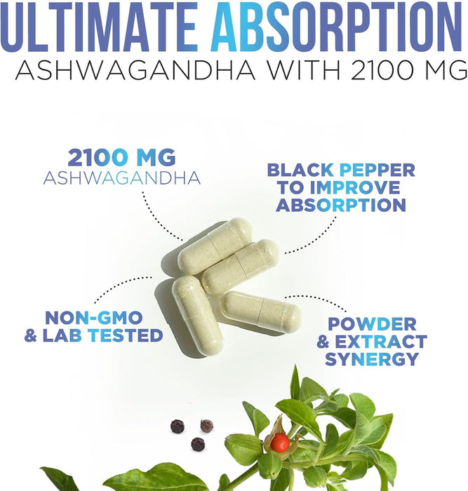 Ashwagandha 2,100 mg Extra Strength with Black Pepper, Pure Ashwagandha Powder plus Root Extract Adaptogen Formula for Energy and Immune Support, Non GMO, Vegan