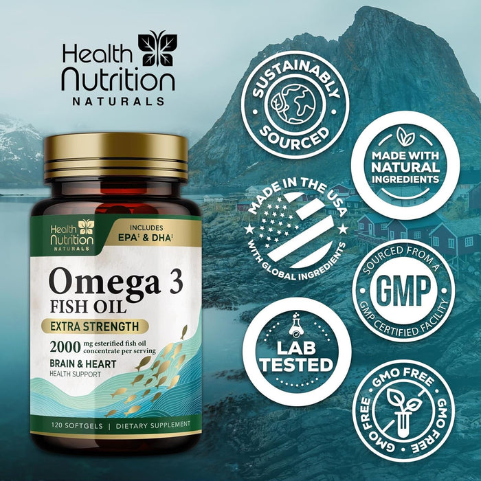 Omega 3 Fish Oil - Triple Strength EPA & DHA Fatty Acids - Natural Support for Brain & Heart Health, Fish Oil Joint Support Supplement - Non-GMO, Burpless Lemon Flavor Health Nutrition