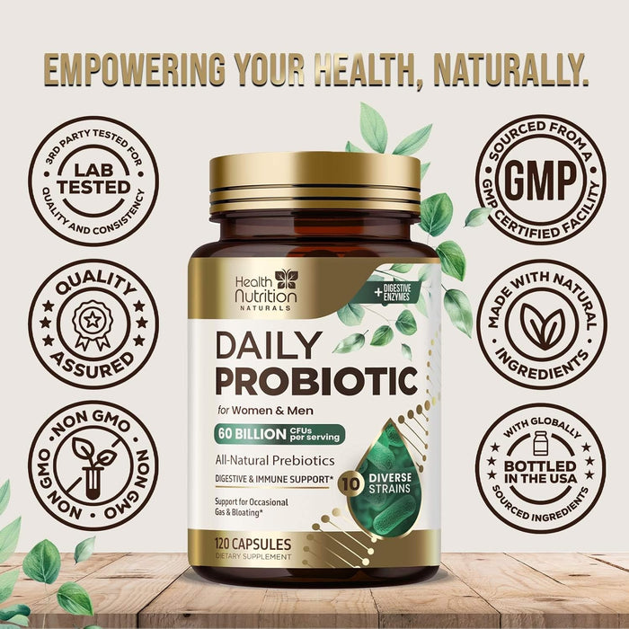 Daily Probiotics and Prebiotics 60 Billion CFU - 10 Diverse Strains for Digestion, Vaginal & Immune Health Support - Digestive Support for Men and Women, Dairy, Soy and Gluten Free