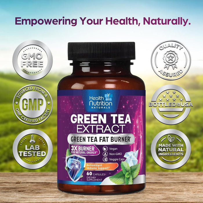 Green Tea Extract 98% Standardized EGCG 1300mg for Natural Energy, Supports Heart Health with Antioxidants, Polyphenols, Gentle Caffeine, Bottled in USA