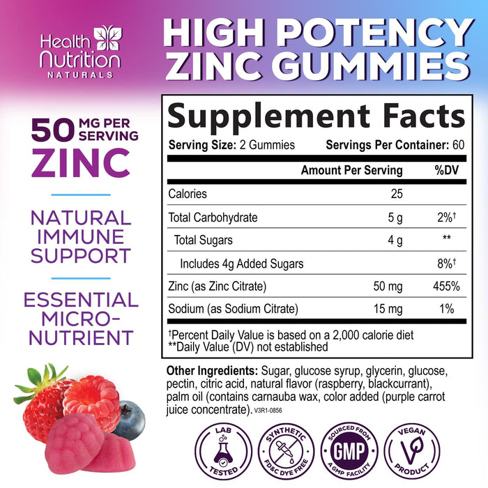 Zinc Supplement 50mg Gummies for Adults - Max Strength Skin Health & Immune Support Gummy, Vegan, Non-GMO & Gluten Free, Nature's Antioxidant & Bone Health Chewable Tasty Berry Flavor - 120 Gummies