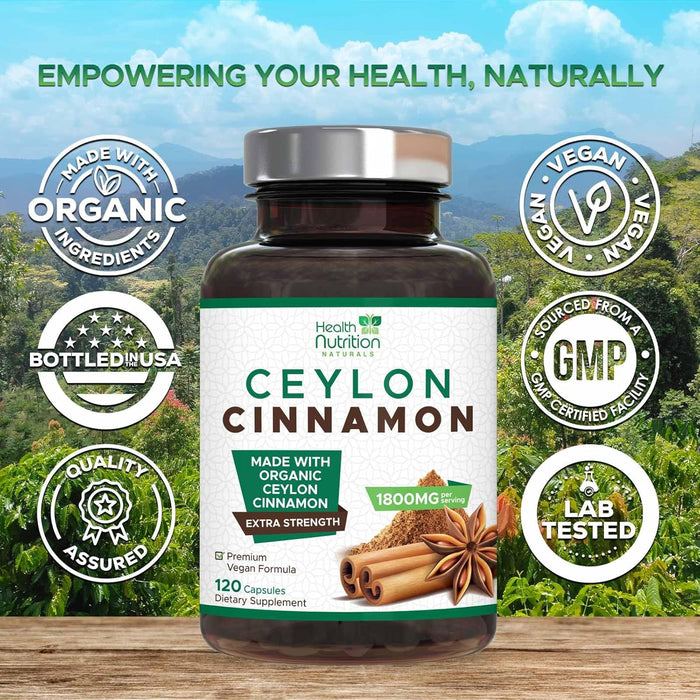 Organic Cinnamon Capsules 1800mg - Pure Ceylon Cinnamon Supplement, Certified Organic, Non-GMO, Gluten Free, Vegan, True Cinnamon Powder, Antioxidant Cinnamon Pills Supplement