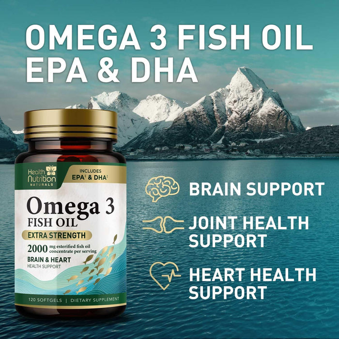 Omega 3 Fish Oil - Triple Strength EPA & DHA Fatty Acids - Natural Support for Brain & Heart Health, Fish Oil Joint Support Supplement - Non-GMO, Burpless Lemon Flavor Health Nutrition