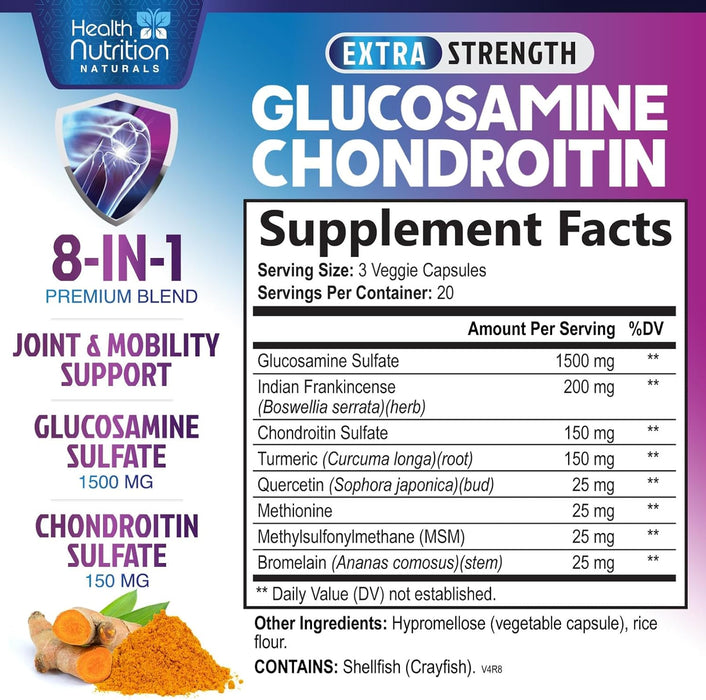 Glucosamine Chondroitin Supplements MSM Turmeric Boswellia - Joint Support Supplement for Joint Health, Joint Mobility - Glucosamine Sulfate Mobility Formula - Gluten Free and Non-GMO