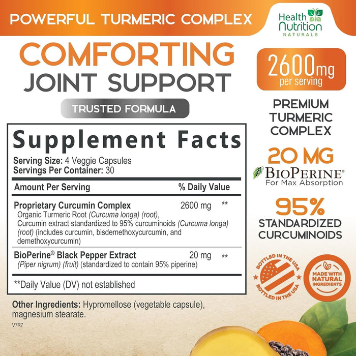 Turmeric Curcumin with BioPerine Black Pepper Extract 2600mg - High Absorption Ultra Potent Tumeric Herbal Supplement with 95% Curcuminoids, Nature's Turmeric for Joint Support, Non-GMO