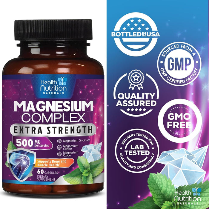 Magnesium Complex 500mg - Magnesium Supplement with Glycinate, Oxide, Malate, Citrate - High Absorption Chelated Magnesium Capsules for Muscle, Heart, Bone, Nerve Support, Non-GMO