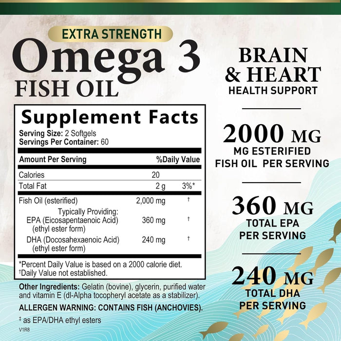 Omega 3 Fish Oil - Triple Strength EPA & DHA Fatty Acids - Natural Support for Brain & Heart Health, Fish Oil Joint Support Supplement - Non-GMO, Burpless Lemon Flavor Health Nutrition