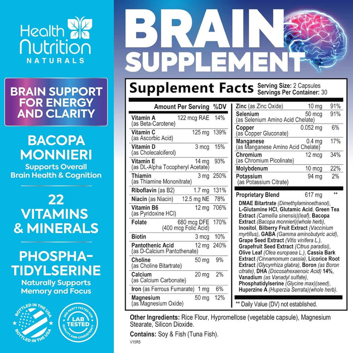 Nootropics Brain Supplement for Memory, Focus & Concentration - Nootropic Booster for Energy & Mind Clarity with Bacopa Monnieri DMAE & Phosphatidylserine for Men & Women